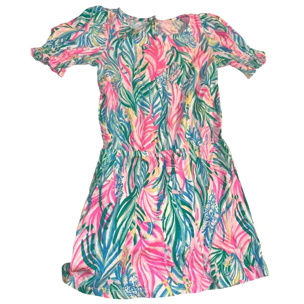 Lilly Pulitzer Girls Dress W/ Shorts Size M‎ 6/7 Pink Green Blue Leaf Print Kids